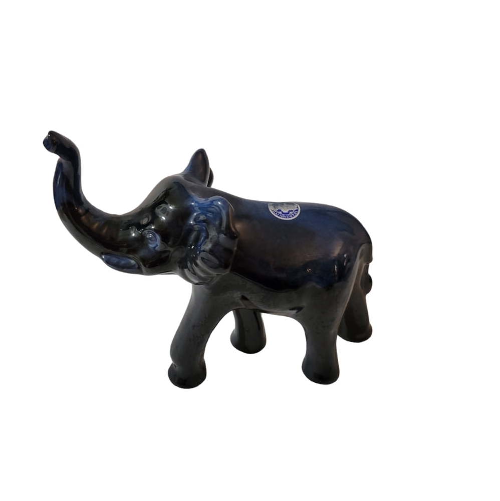 Vintage Blue Mountain Pottery Elephant Clay Trunk Up Good Luck